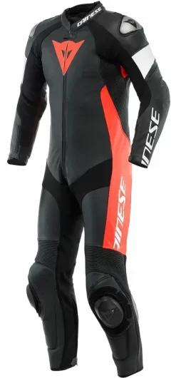 Tuta Moto Pelle Intera Dainese TOSA Traforata Nero Rosso Fluo Bianco