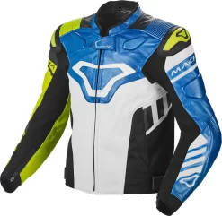 Giacca Moto Pelle Racing Macna Tracktix Bianco Giallo Fluo Blu