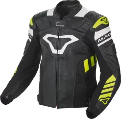 Giacca Moto Pelle Racing Macna Tracktix Nero Bianco Giallo Fluo