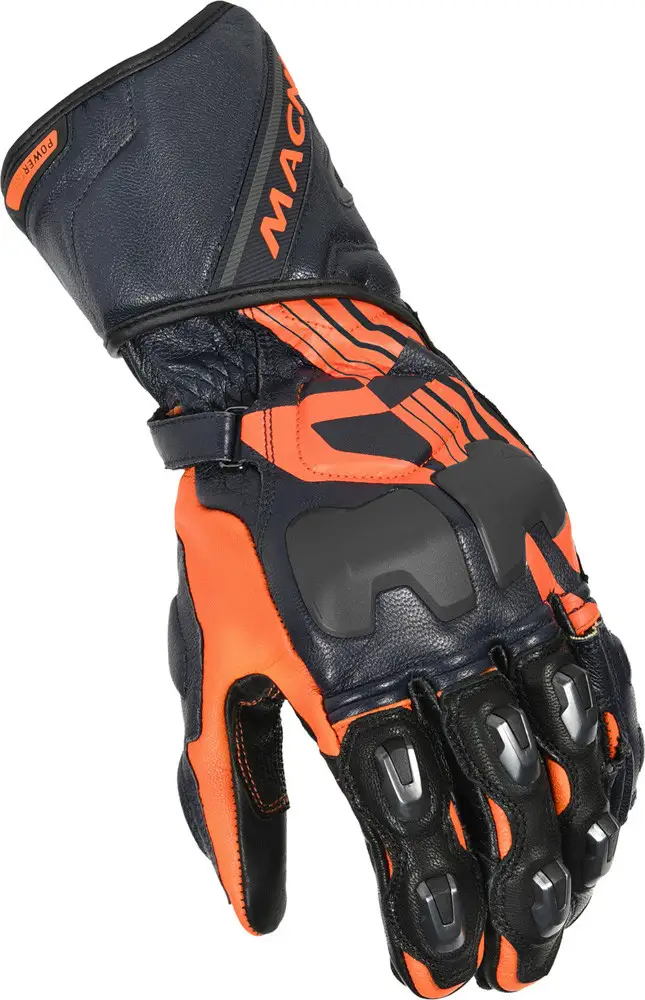 Guanti Moto Pelle Racing Macna Power Track Nero Arancio Blu Scuro