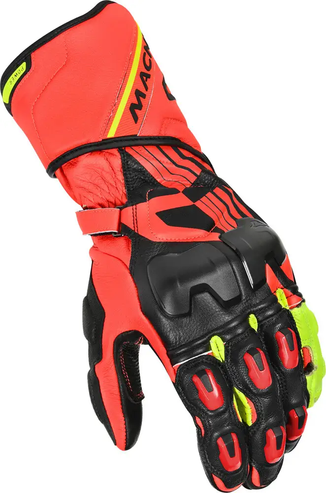 Guanti Moto Pelle Racing Macna Power Track Rosso Nero Giallo Fluo