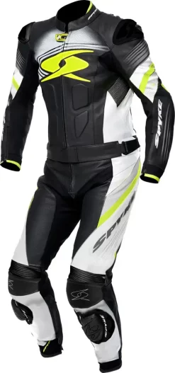 Tuta Moto Pelle Divisibile Spyke ESTORIL SPORT Nero Bianco Giallo Fluo