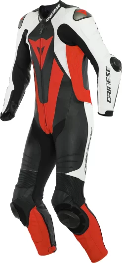 Tuta Moto Pelle Intera Estiva Dainese Laguna Seca 5 Traforata Nero Bianco Rosso Fluo