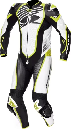 Tuta Moto Pelle Intera Estiva Spyke ARAGON RACE Nero Bianco Giallo Fluo