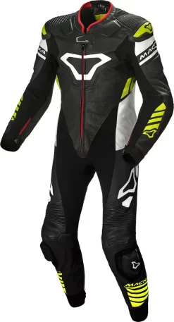 Tuta Moto Pelle Intera Macna Tracktix Nero Bianco Giallo Fluo