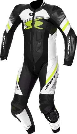 Tuta Moto Pelle Intera Spyke ESTORIL RACE Nero Bianco Giallo Fluo