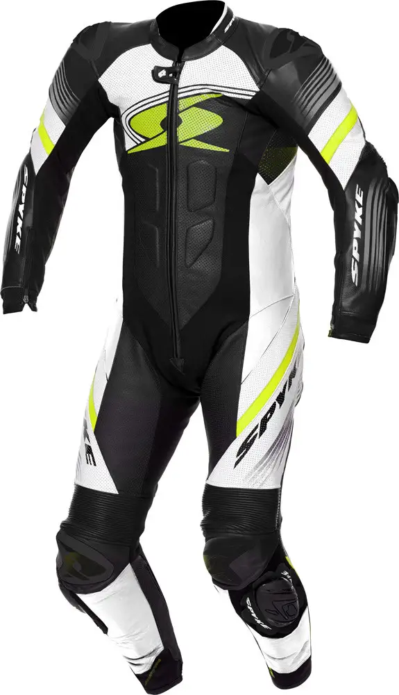 Tuta Moto Pelle Intera Spyke ESTORIL RACE Nero Bianco Giallo Fluo